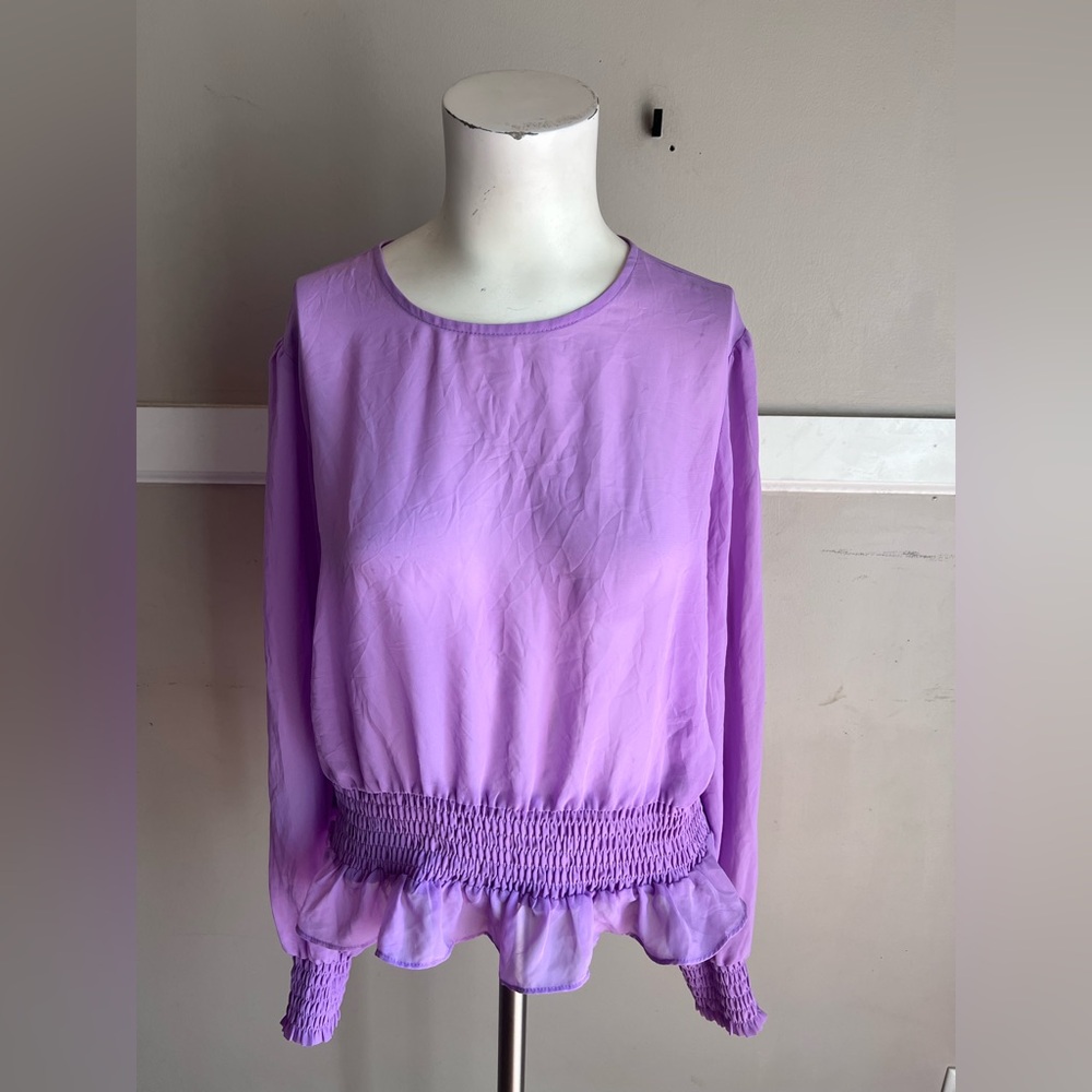Bar III Lavender Smocked-Hem Long Sleeve Blouse
